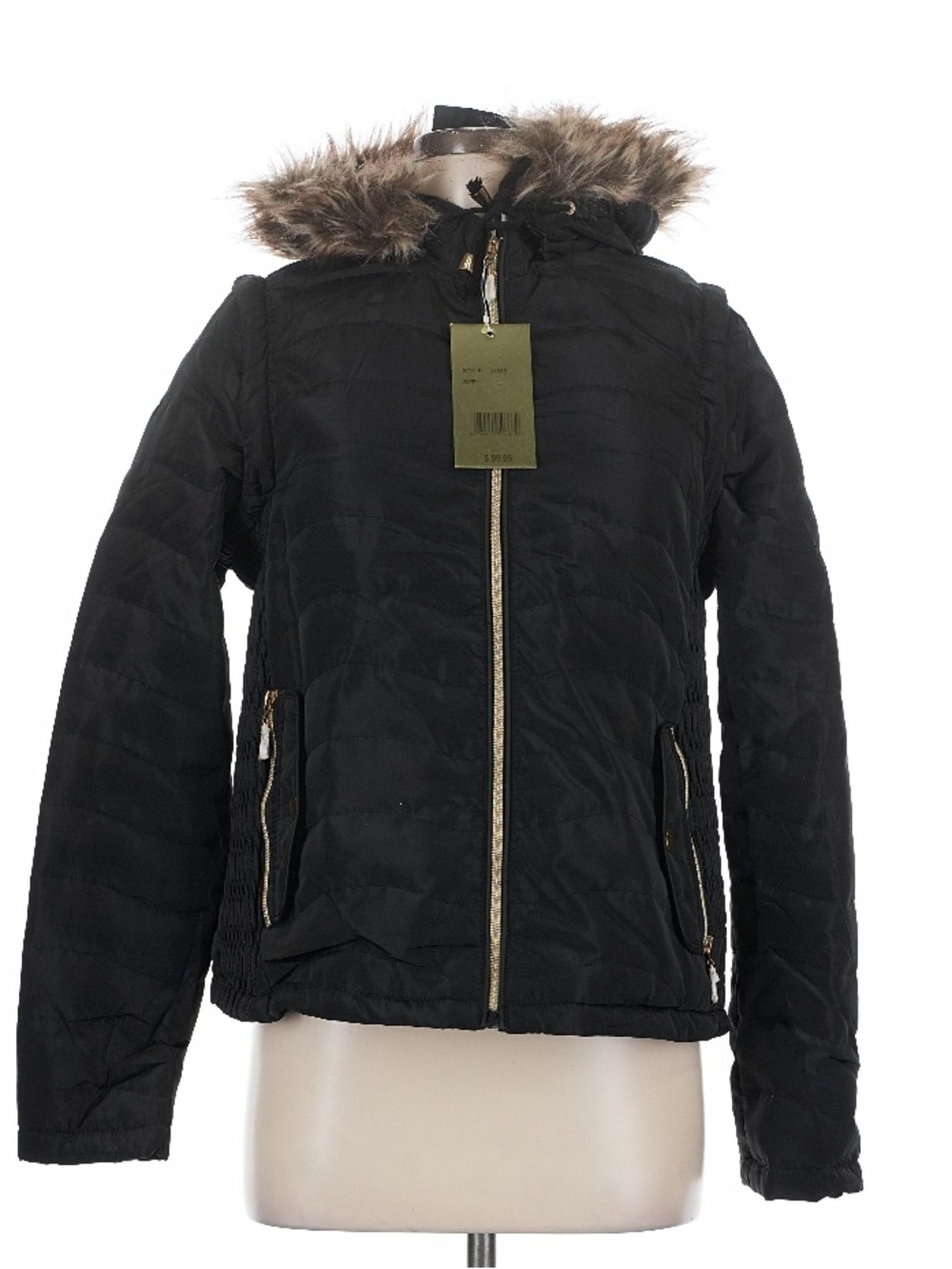 NWT Supernova Black Quilted Snow Jacket removable Faux Fur Hood Size L
